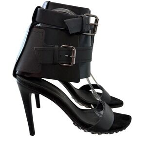 Tibi Black Leather Wide Ankle Cuff Buckle Stiletto Heels Size 36 Made‎ in Brazil